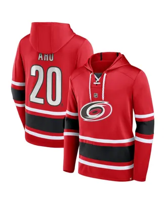 Men's Fanatics Sebastian Aho Red Carolina Hurricanes Name and Number Lace-Up Pullover Hoodie