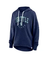 Women's Fanatics Heather Deep Sea Blue Distressed Seattle Kraken Lux Lounge Helmet Arch Pullover Hoodie