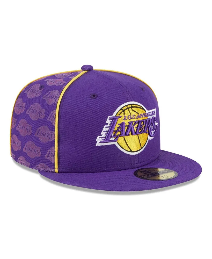 Men's New Era Purple Los Angeles Lakers Piped and Flocked 59Fifty Fitted Hat