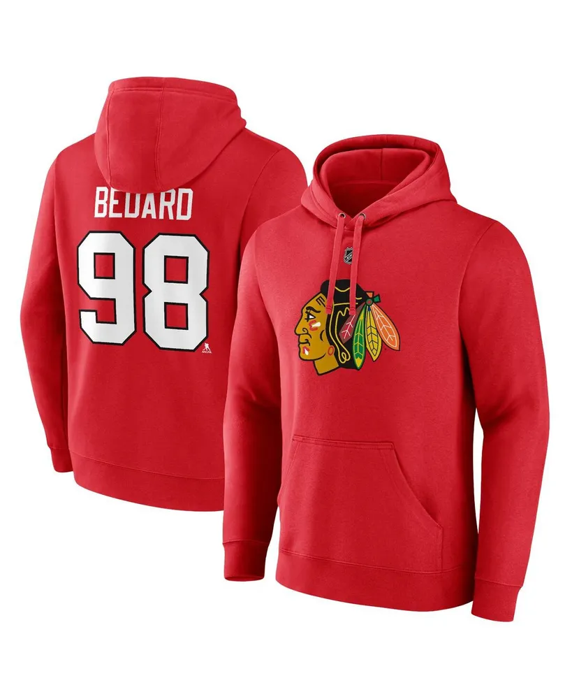 Men's Fanatics Connor Bedard Red Chicago Blackhawks Authentic Stack Name and Number Tri-Blend Pullover Hoodie