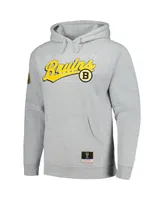 Men's Mitchell & Ness Heather Gray Boston Bruins 100th Anniversary Script Sweep Pullover Hoodie