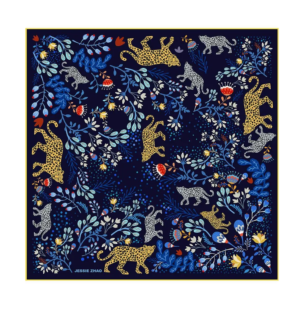 Jessie Zhao New York Silk Bandana Scarf of Amazon Rainforest Journey in Blue