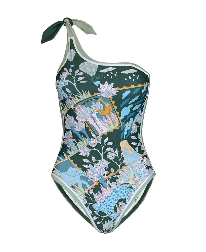 Jessie Zhao New York Green Garden Reversible One-Shoulder One-Piece Swimsuit