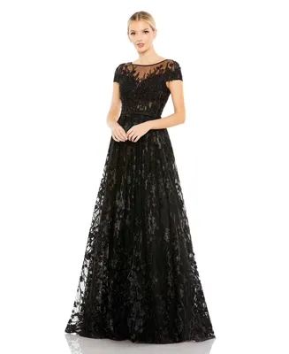 Women's Embellished Floral Cap Sleeve A Line Gown