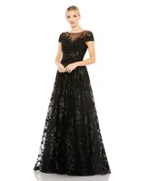 Women's Embellished Floral Cap Sleeve A Line Gown