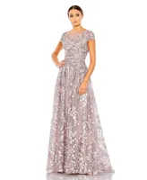 Women's Embellished Floral Cap Sleeve A Line Gown