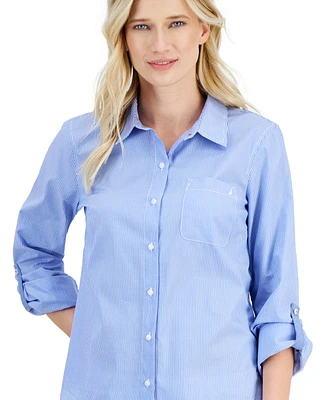 Nautica Jeans Women's Newport Striped Ribbed Cotton Long Sleeve Shirt
