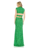 Women's Sequined Cap Sleeveless Plunge Neck Cut Out Gown