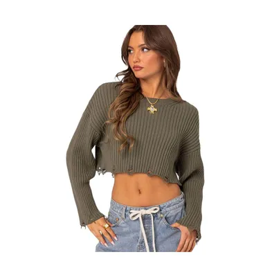 Women's Distressed hem oversized cropped sweater