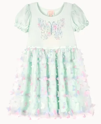 Pink & Violet Toddler Girls Solid Rib Bubble Sleeve Bodice with Butterfly Glitter Screen and 3D Butterfly Skirt Dress