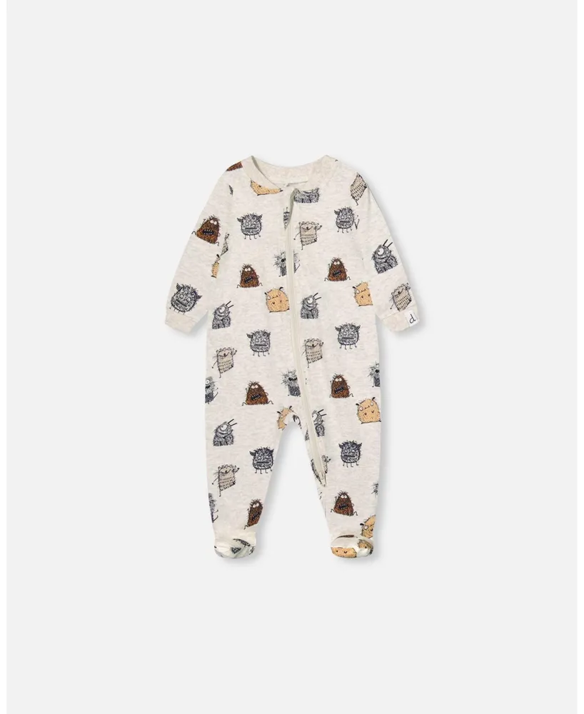 Baby Boy Organic Cotton One Piece Pajama Heather Beige Printed Monsters - Infant