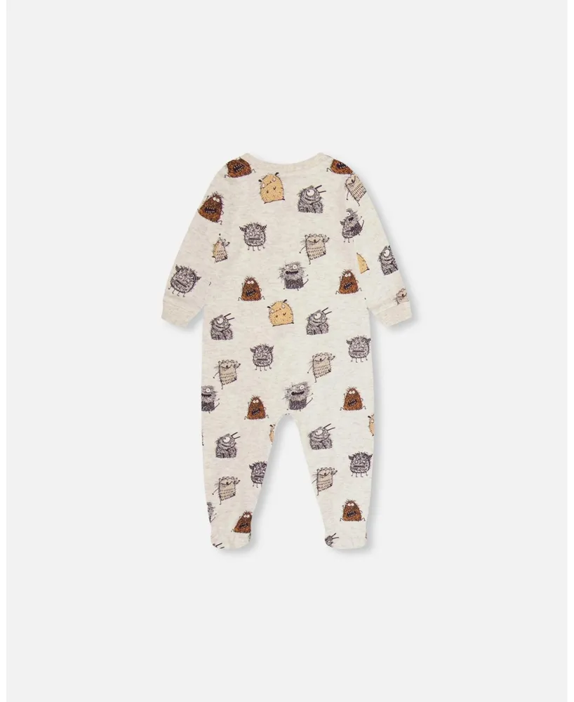 Baby Boy Organic Cotton One Piece Pajama Heather Beige Printed Monsters - Infant