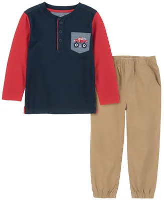 Kids Headquarters Little Boys Long Sleeve Colorblock Henley T-shirt and Twill Joggers, 2 Piece Set