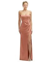 Strapless Topstitched Corset Satin Maxi Dress with Draped Column Skirt