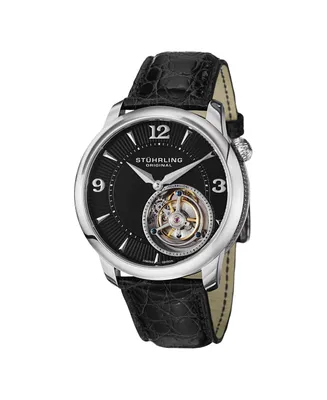 Limited Edition Tourbillion Movement Men's Dress Watch, Gold Tone Case on Black Lizard Embossed Genuine Leather Strap, Partial Skeletonized Dial