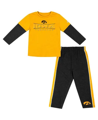 Toddler Boys and Girls Colosseum Gold, Black Iowa Hawkeyes Long Sleeve T-shirt Pants Set