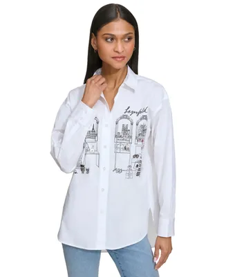 Karl Lagerfeld Paris Women's Shopping Girl Cotton Long-Sleeve Shirt