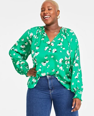 On 34th Trendy Plus Printed Smocked Blouse, Created for Macy's