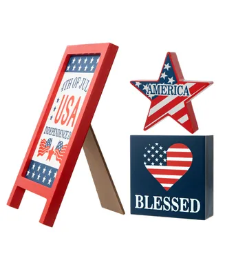 Glitzhome Set of 3 Patriotic, Americana Wooden Block Table Sign