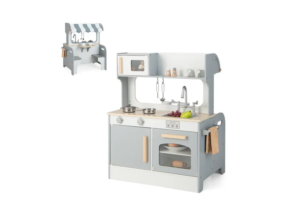 Double Sided Kids Pretend Kitchen Playset with 2-Seat Cafe-Grey