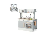 Double Sided Kids Pretend Kitchen Playset with 2-Seat Cafe-Grey