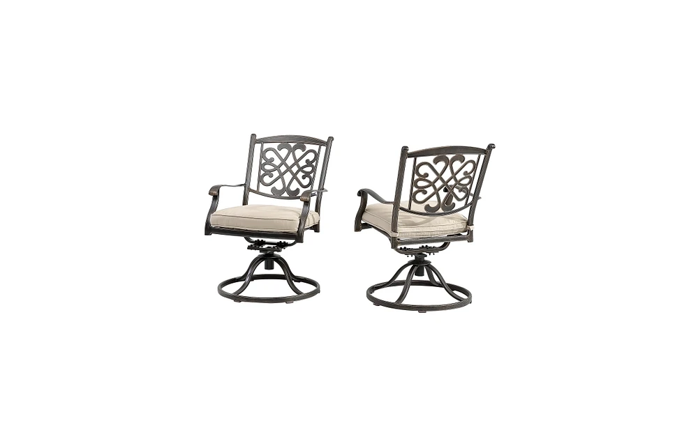 Mondawe Charcoal Gray Aluminum Swivel Outdoor Dining Arm Chair with Flower Pattern Backrest (Set of 2), Beige