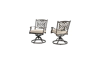 Mondawe Charcoal Gray Aluminum Swivel Outdoor Dining Arm Chair with Flower Pattern Backrest (Set of 2), Beige