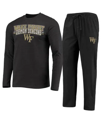 Men's Concepts Sport Black, Heathered Charcoal Distressed Wake Forest Demon Deacons Meter Long Sleeve T-shirt and Pants Sleep Set