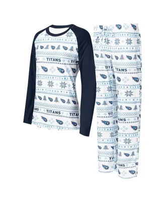 Women's Concepts Sport White, Navy Tennessee Titans Tinsel Raglan Long Sleeve T-shirt and Pants Sleep Set