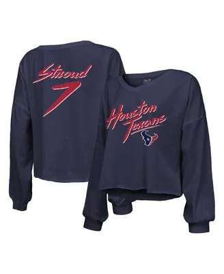 Women's Majestic Threads C.j. Stroud Navy Distressed Houston Texans Name and Number Script Off-Shoulder Cropped Long Sleeve T-shirt