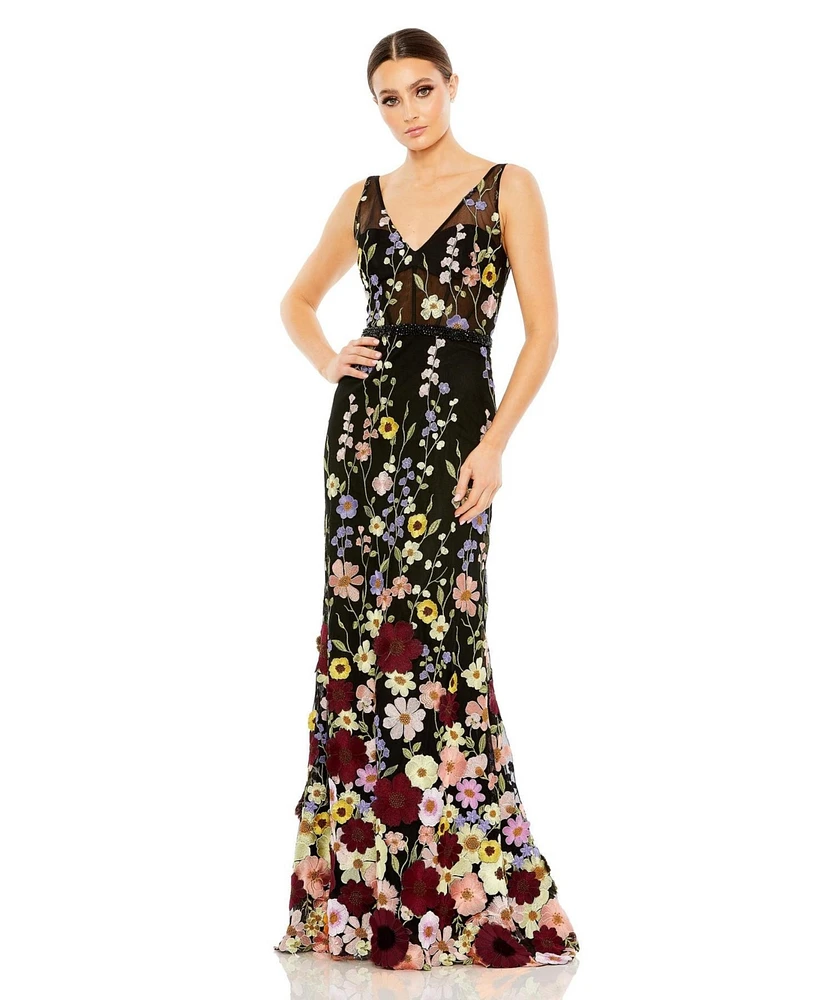 Women's Embroidered Tulle Sleeveless V Neck Gown