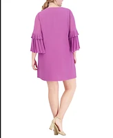Vince Camuto Plus Pleated-Sleeve Tie-Neck Shift Dress