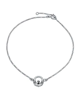Celtic Claddagh Heart Anklet Figaro Chain Ankle Bracelet For Women .925 Sterling Silver Adjustable 9 To 10 Inch Extender