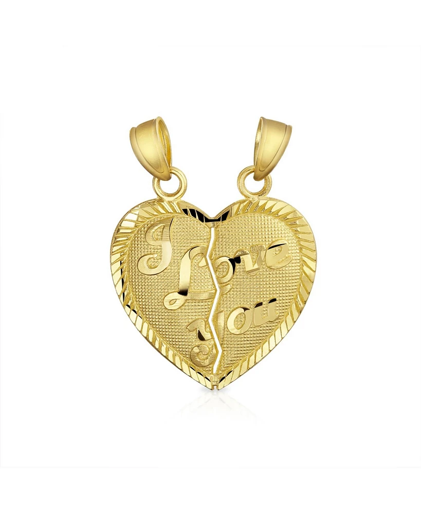 Bling Jewelry Real 14K Yellow Gold Message Words "I Love You" Bff Split Heart 2 pcs Set Broken Heart Break Apart Puzzle Pendant Necklace No Chain