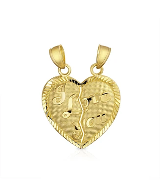 Bling Jewelry Real 14K Yellow Gold Message Words "I Love You" Bff Split Heart 2 pcs Set Broken Heart Break Apart Puzzle Pendant Necklace No Chain
