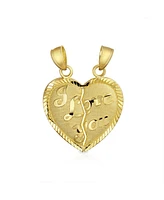 Bling Jewelry Real 14K Yellow Gold Message Words "I Love You" Bff Split Heart 2 pcs Set Broken Heart Break Apart Puzzle Pendant Necklace No Chain