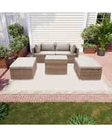 Mondawe 5-Piece Outdoor Sectional Sofa Set with Brown Rattan Wicker & Gray Cushion