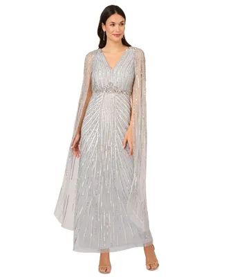 Adrianna Papell Women's Beaded V-Neck Cape Gown