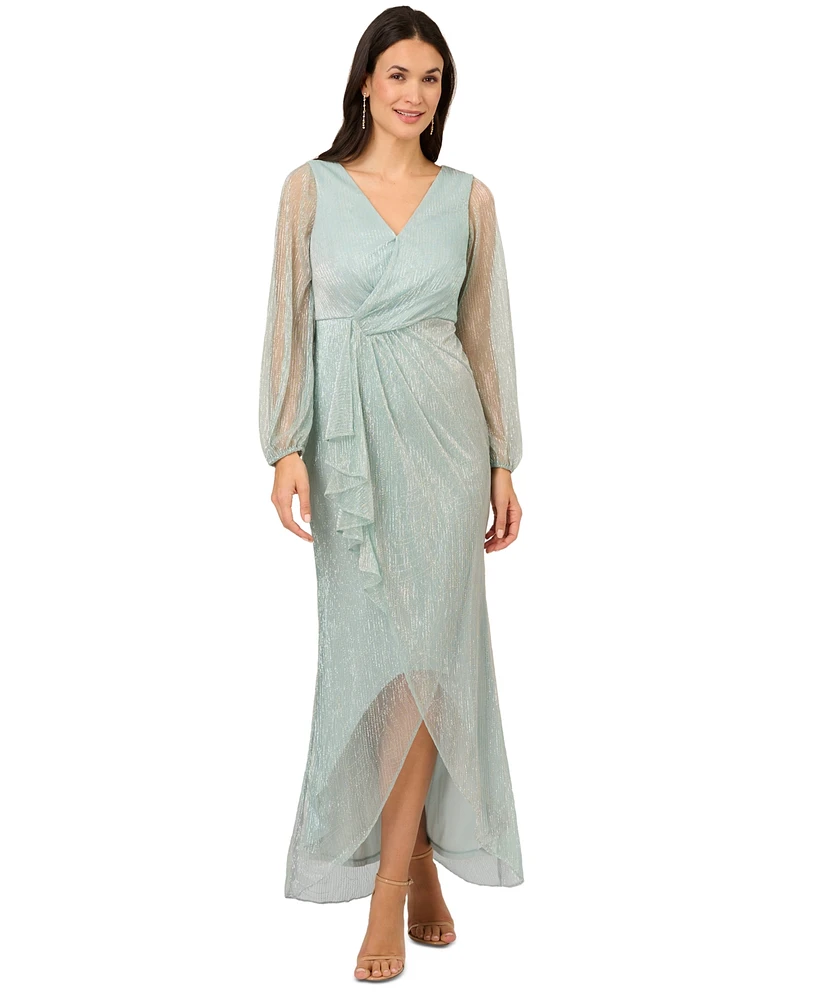 Adrianna Papell Women's Metallic Mesh Bishop-Sleeve Gown