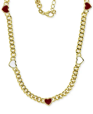 Red & White Enamel Heart Curb Link 18" Collar Necklace in 14k Gold-Plated Sterling Silver