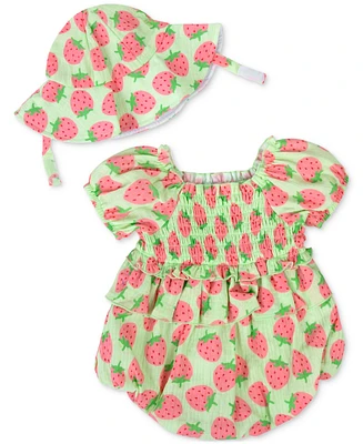Baby Essentials Girls Strawberry-Print Romper and Hat, 2 Piece Set