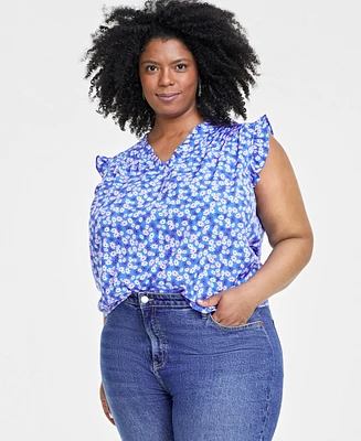 On 34th Trendy Plus Floral-Print Ruffled-Trim Blouse, Created for Macy's