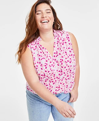 On 34th Trendy Plus Floral-Print Smocked-Trim Top, Created for Macy's