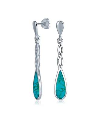 Linear Infinity Spiral Twist Teardrop Blue Turquoise Long Dangle Earrings Western Style For Women Teens .925 Sterling Silver