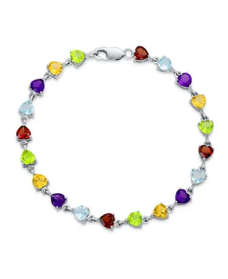 Bling Jewelry Romantic Natural Multicolor Citrine, Peridot, Garnet, Aquamarine, & Amethyst Heart Shape Gemstone Tennis Bracelet For Women Sterling Sil