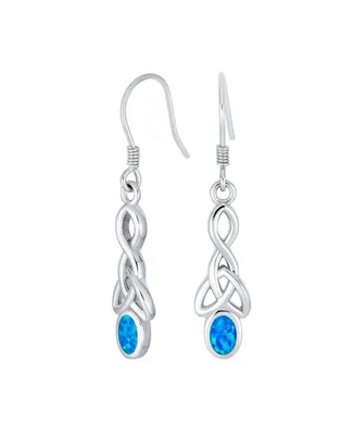 Bff Gemstone Blue Oval Bezel Blue Opal Love Knot Dangle Irish Celtic Earrings For Women Teens Fish Hook .925 Sterling Silver 1.5 Inch Long