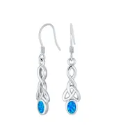 Bling Jewelry Bff Blue Oval Bezel Synthetic Blue Opal Love Knot Dangle Irish Celtic Earrings For Women Fish Hook Sterling Silver 1.5 Inch Long