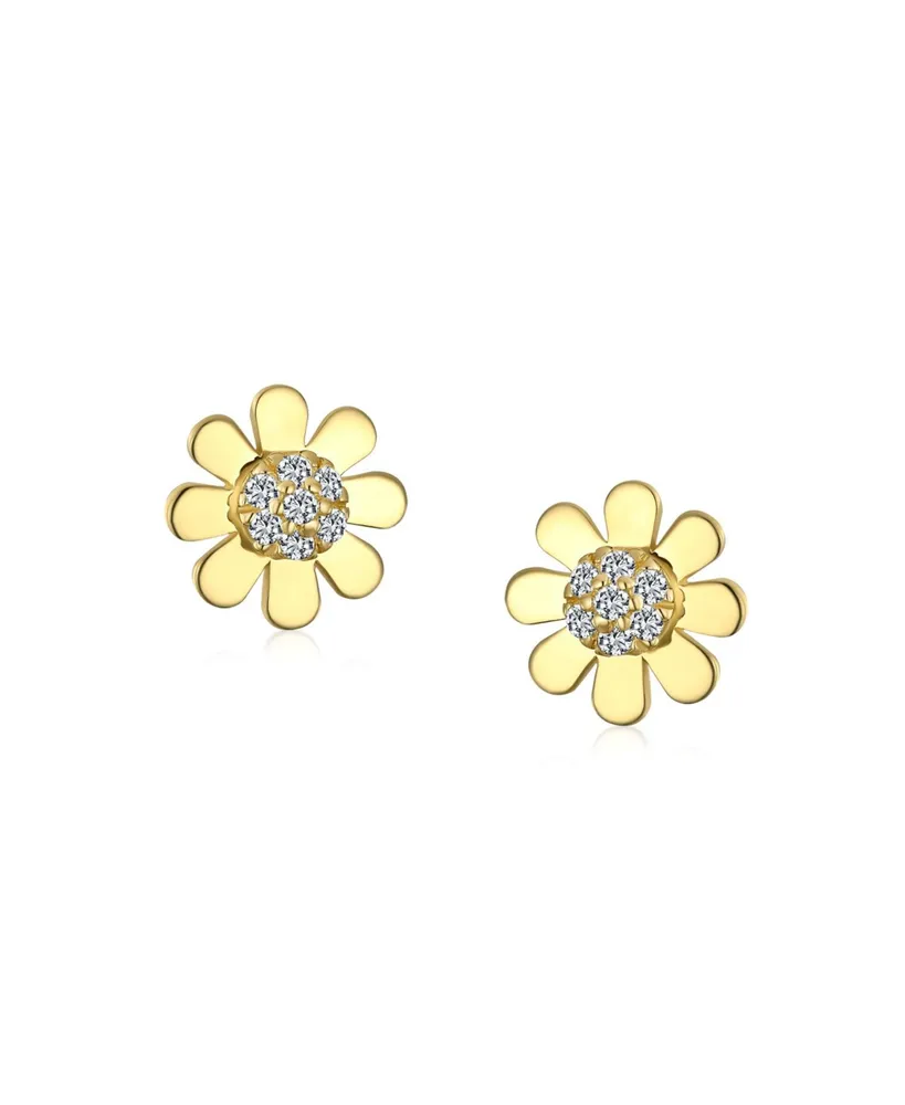 Tiny Petite Cz Cubic Zirconia Accent Dainty Real 14K Yellow Gold Sunflower Daisy Flower Stud Earrings For Women Teen Secure Clutch Screw back