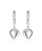 Delicate Romantic .925 Sterling Silver Dangle Puff Heart Shaped Charm Huggie Hoop Earrings For Women For Girlfriend