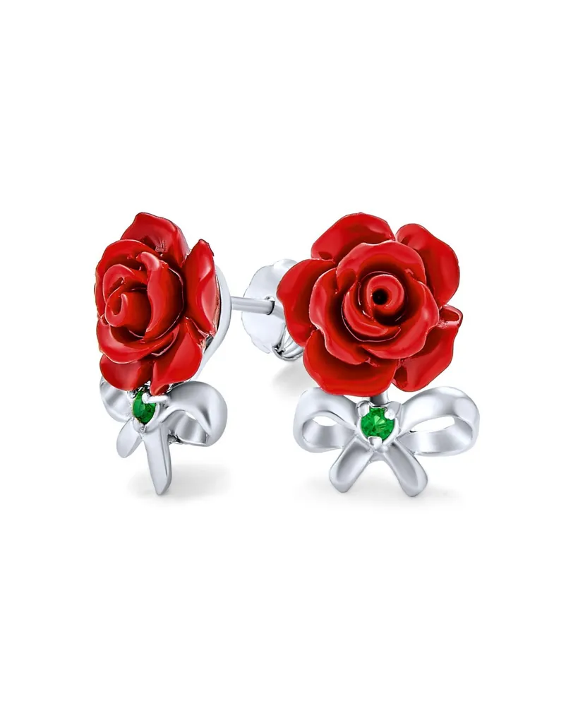 Bling Jewelry Delicate Floral Blooming Flower Emerald Green Cz Bow Ribbon 3D carved Red Rose Stud Earrings For Women For Sterling Silver